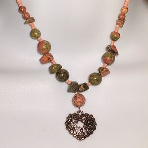 Unakite Stone Peach Beaded Necklace Metal Heart Pendant